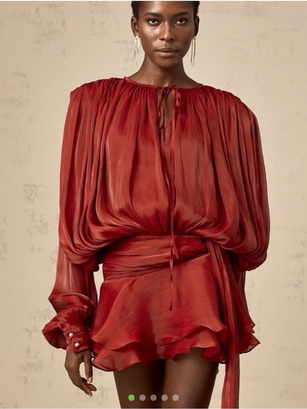 Miss Rosier Red Long-Sleeve Satin Tie-Waist Mini Dress